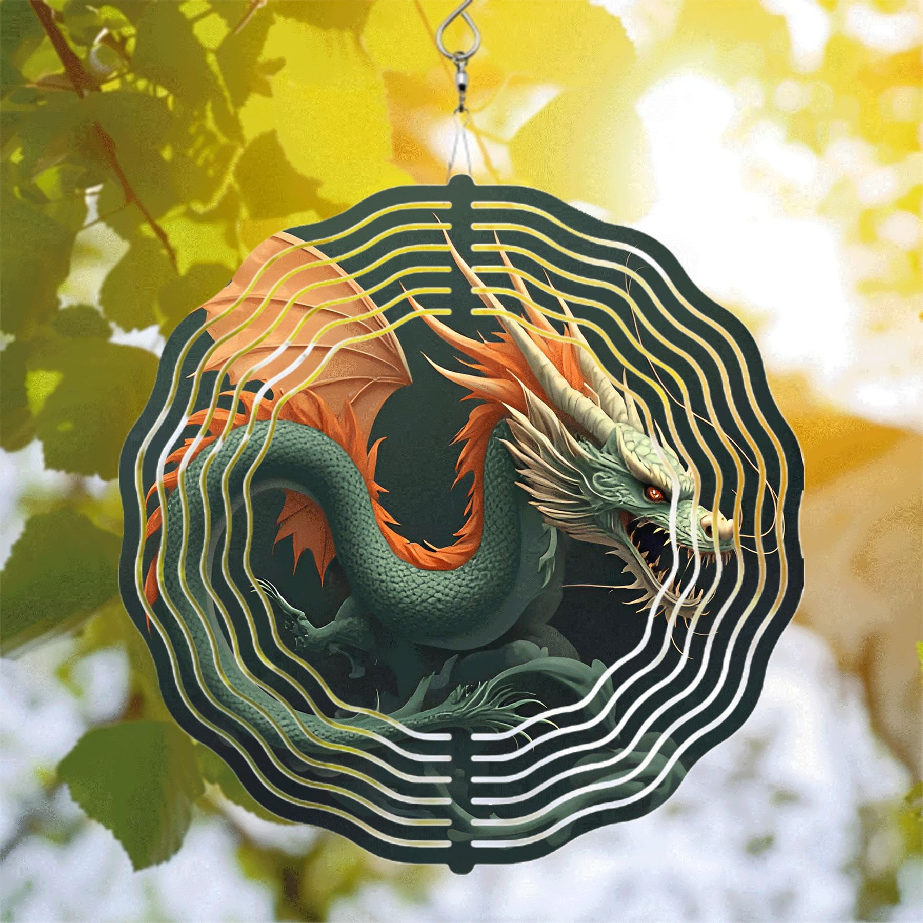 Vibrant Metal Hanging Wind Spinner - Dragon Design with Green Scales ...