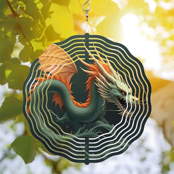Vibrant Metal Hanging Wind Spinner - Dragon Design with Green Scales & Orange Accents Dynamic Wave Pattern for Yard & Garden Decor