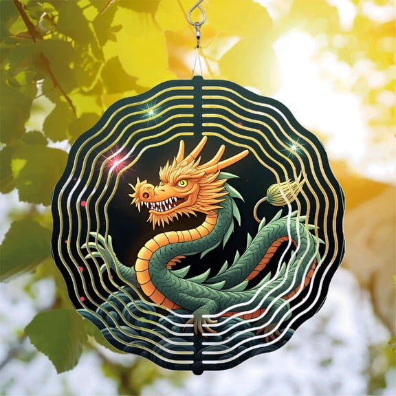 Vibrant Metal Hanging Wind Spinner - Dragon Design with Orange & Green Colors Dynamic Wave Pattern for Yard & Garden Decor