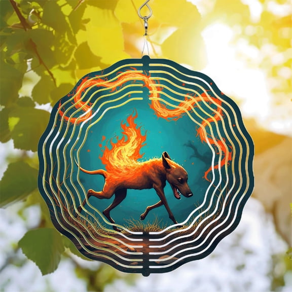 Vibrant Metal Hanging Wind Spinner - Wolf Flame Design for Yard & Garden Eye - Catching Teal & Blue Background Unique Outdoor Decor