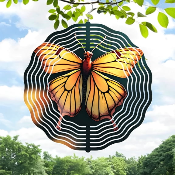 Vibrant Metal Hanging Wind Spinner with Butterfly Design - Intricate Orange & Yellow Wings White Outlines Perfect for Yard & Garden Decor