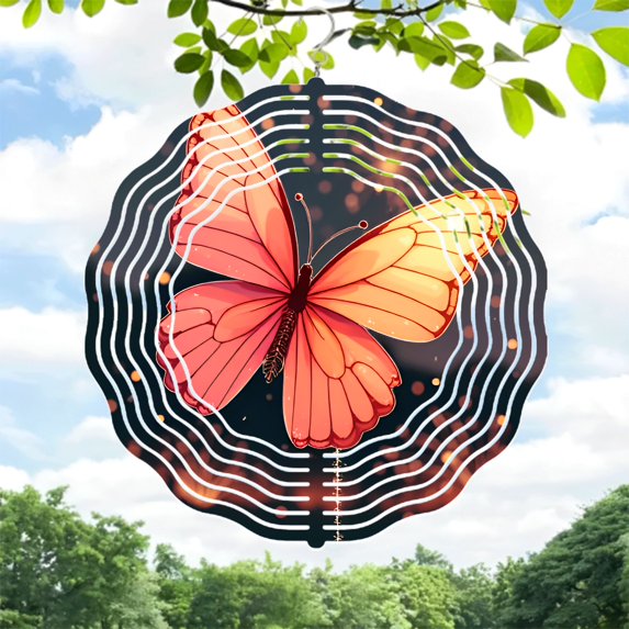Vibrant Metal Hanging Wind Spinner with Butterfly Design - Orange Bokeh Effect Perfect for Yard & Garden Decor