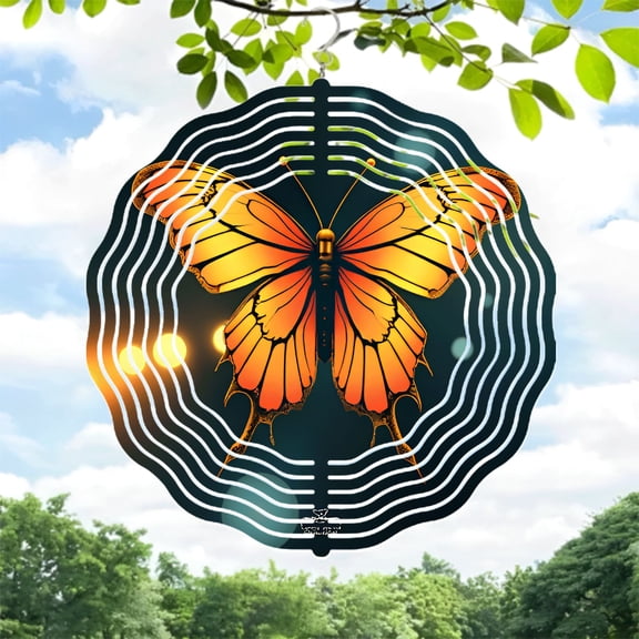 Vibrant Metal Hanging Wind Spinner with Butterfly Design - Orange & Yellow Wings Symmetrical Pattern for Yard & Garden Decor