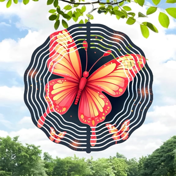 Vibrant Metal Hanging Wind Spinner with Butterfly Design - Red & Yellow Wings Concentric Lines for Dynamic Garden Decor
