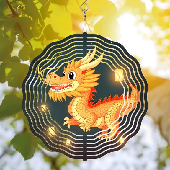 Vibrant Metal Hanging Wind Spinner with Cartoon Dragon Design Energy Waves & Glowing Orbs - Perfect for Yard & Garden Decor