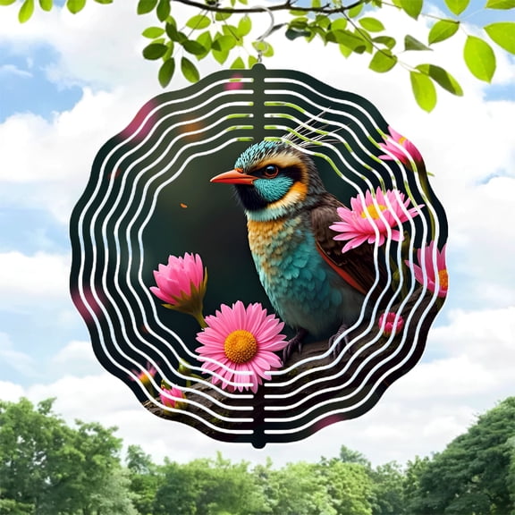 Vibrant Metal Hanging Wind Spinner with Circular White Pattern - Colorful Bird & Flower Design for Yard and Garden Decor