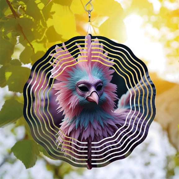 Vibrant Metal Hanging Wind Spinner with Colorful Feathered Design & Decorative Mask - Stunning Yard & Garden Wind Chime