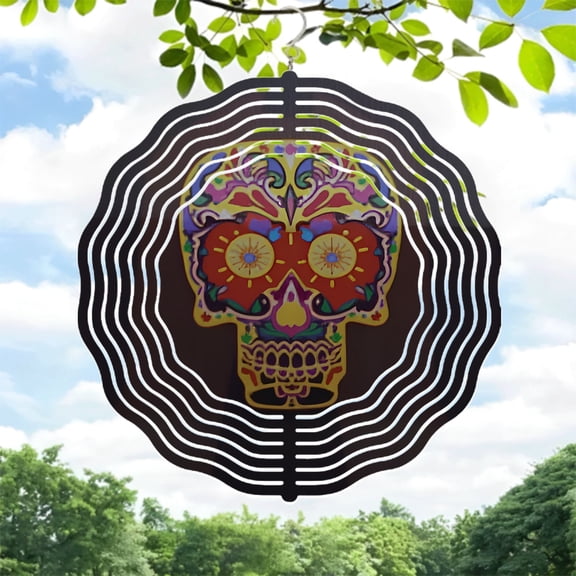 Vibrant Metal Hanging Wind Spinner with Colorful Skull Design & Intricate Patterns - Perfect for Yard & Garden Decor