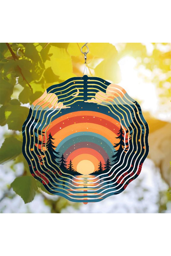 Vibrant Metal Hanging Wind Spinner with Concentric Color Gradient Serene Landscape Pine Trees & Wavy Sound Wave Design for Garden Decor