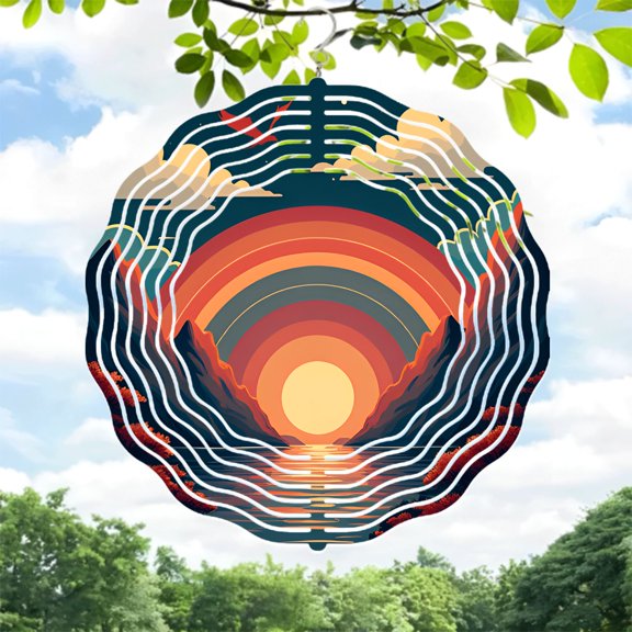 Vibrant Metal Hanging Wind Spinner with Concentric Rainbow Circles Sun Waves & Clouds - Tranquil Garden Decor for Yard