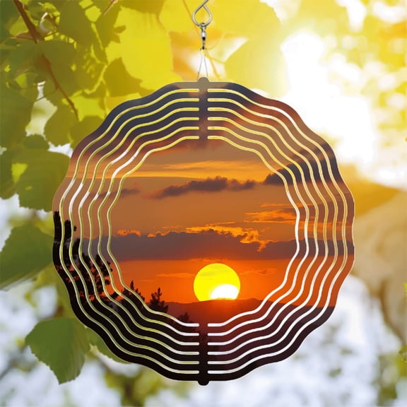 Vibrant Metal Hanging Wind Spinner with Concentric Wave Patterns - Serene Sunset Design for Yard & Garden Decor
