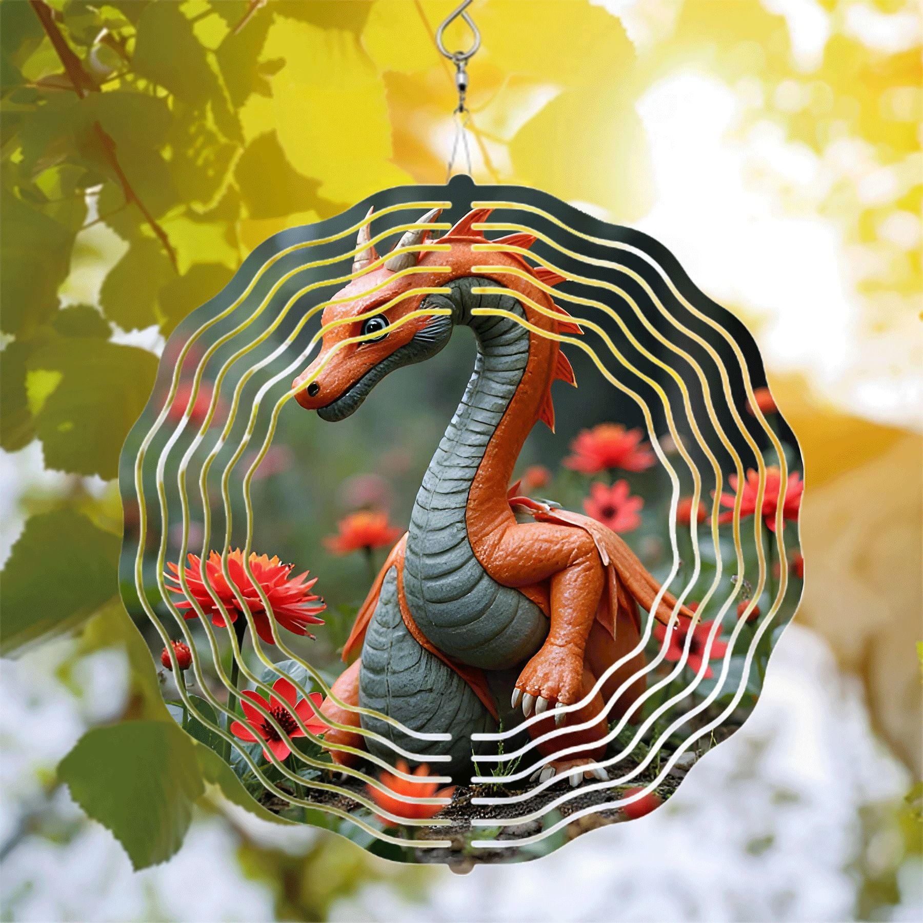 Vibrant Metal Hanging Wind Spinner with Dragon Design - Dynamic Orange ...