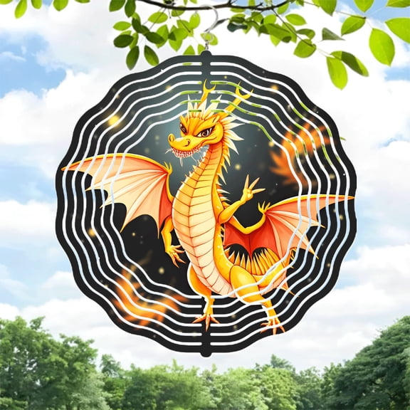 Vibrant Metal Hanging Wind Spinner with Dragon Design - Fiery Wings & Starry Background - Perfect for Yard & Garden Decor