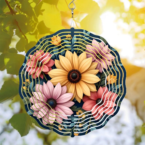 Vibrant Metal Hanging Wind Spinner with Floral Design - Sunflower & Colorful Flowers on Dark Blue Background for Yard & Garden Decor