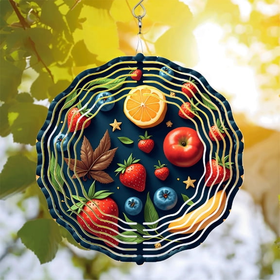Vibrant Metal Hanging Wind Spinner with Fruit & Leaf Design - Decorative Wind Chime for Yard & Garden Circular Pattern with Concentric Lines