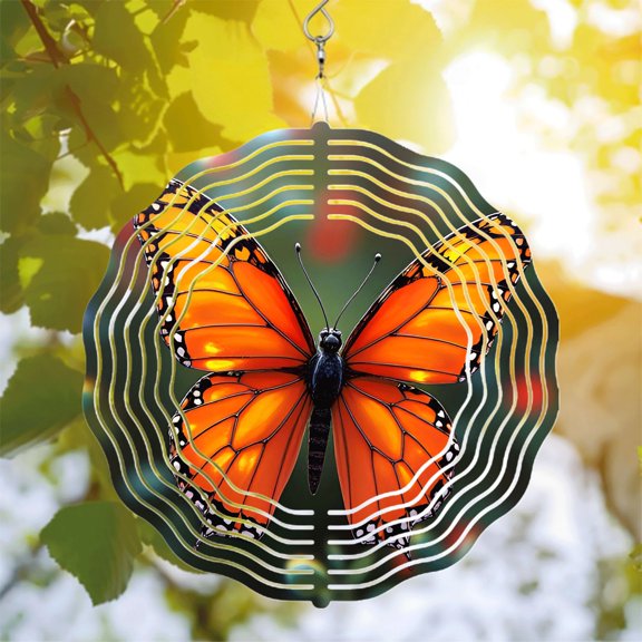 Vibrant Metal Hanging Wind Spinner with Intricate Butterfly Design - Orange & Black Wings Perfect for Yard & Garden Decor