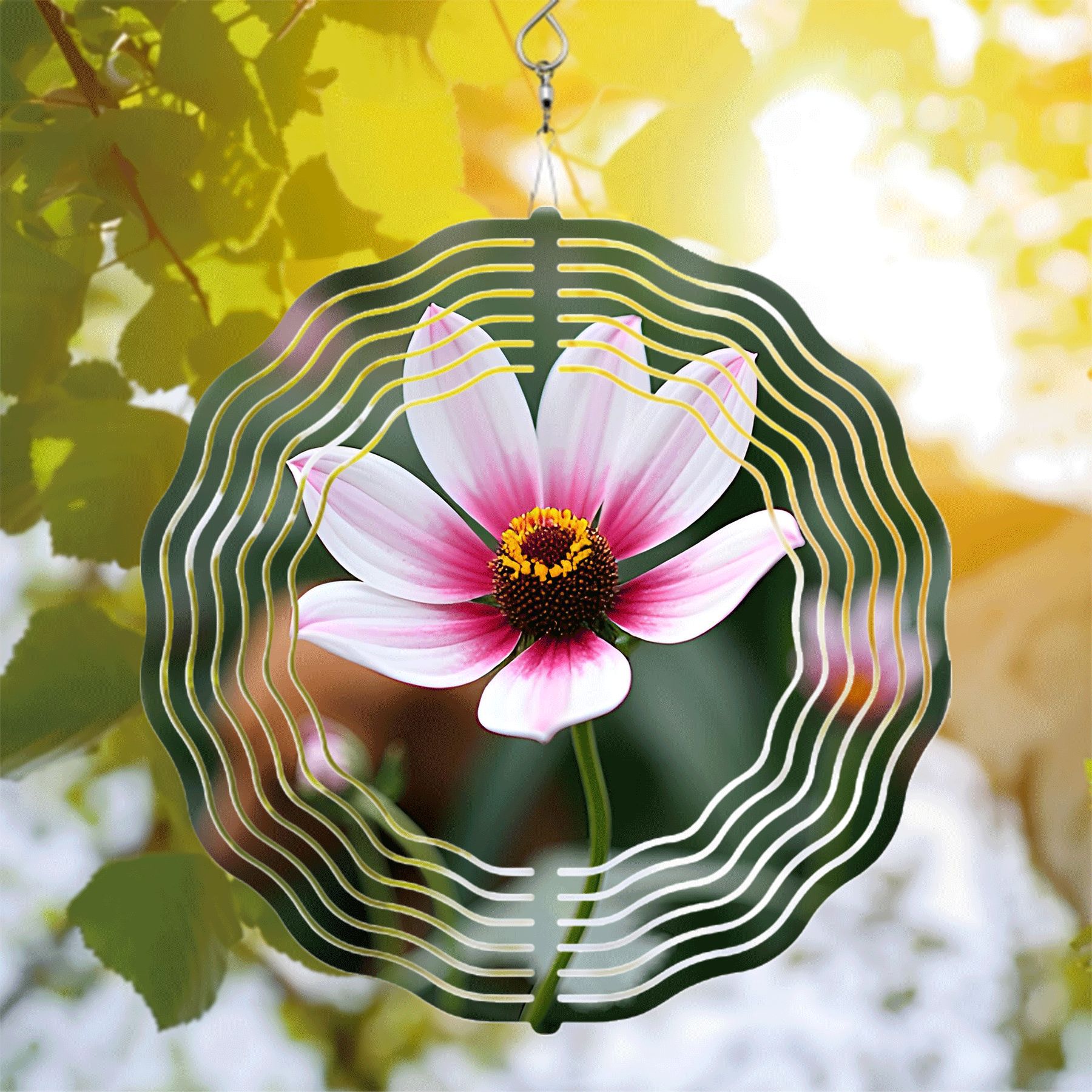 Vibrant Metal Hanging Wind Spinner with Pink & White Flower Design Dark ...