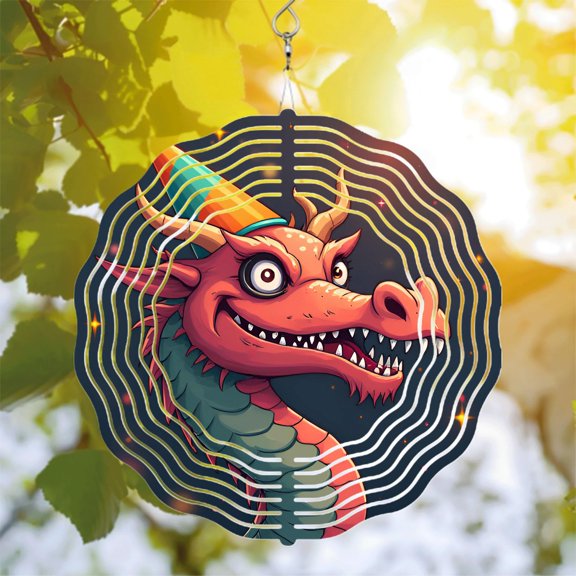 Vibrant Metal Hanging Wind Spinner with Playful Dragon Design - Colorful Whimsical Garden Decor for Yard and Outdoor Spaces