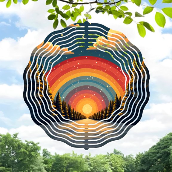 Vibrant Metal Hanging Wind Spinner with Rainbow Design - Serene Garden Wind Chime for Yard Decor Pine Tree Pathway Motif