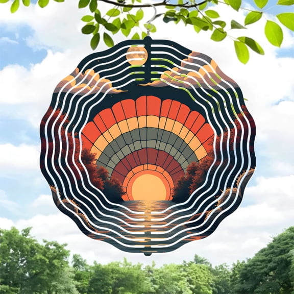 Vibrant Metal Hanging Wind Spinner with Stained Glass Sunset Design - Circular Vortex Pattern for Yard & Garden Decor