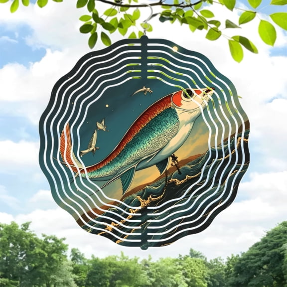 Vibrant Metal Hanging Wind Spinner with Stylized Fish & Birds Dynamic Circular Patterns Perfect for Yard & Garden Decor