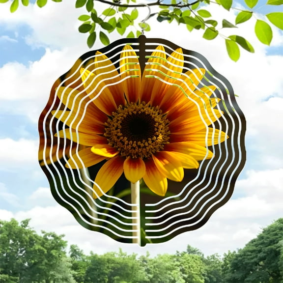 Vibrant Metal Hanging Wind Spinner with Sunflower Design & Concentric Lines - Artistic Wind Chime for Yard & Garden Decor