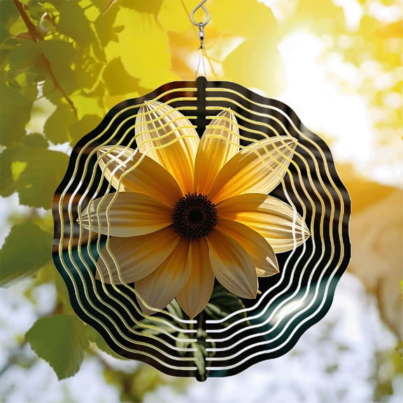 Vibrant Metal Hanging Wind Spinner with Sunflower Design & Concentric White Lines - Dynamic Wind Chime for Yard & Garden Decor