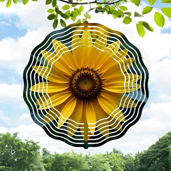 Vibrant Metal Hanging Wind Spinner with Sunflower Design & Concentric White Patterns - Perfect for Yard & Garden Decor