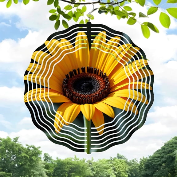 Vibrant Metal Hanging Wind Spinner with Sunflower Design - Striking White Concentric Lines for Yard and Garden Decor