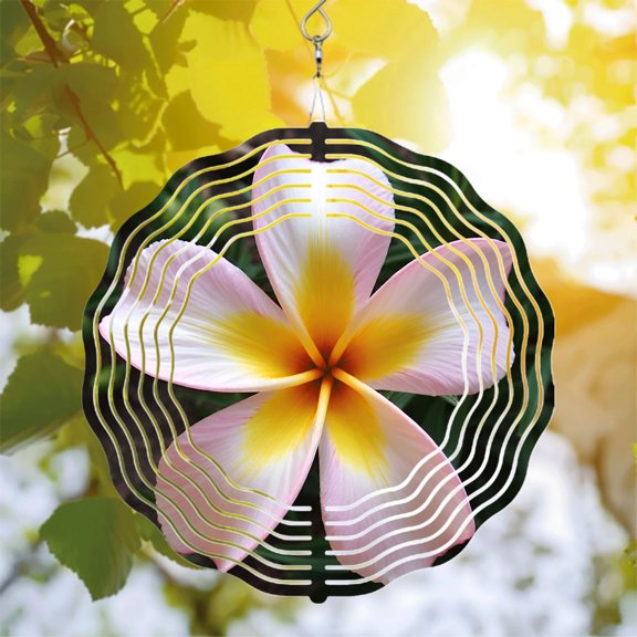 Vibrant Metal Hanging Wind Spinner with Symmetrical Flower Design & Concentric White Lines - Perfect for Yard & Garden Decor