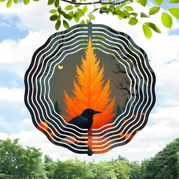 Vibrant Metal Hanging Wind Spinner with Tunnel Effect Design - Perfect for Yard & Garden Decor Featuring Leaf & Crow Motif