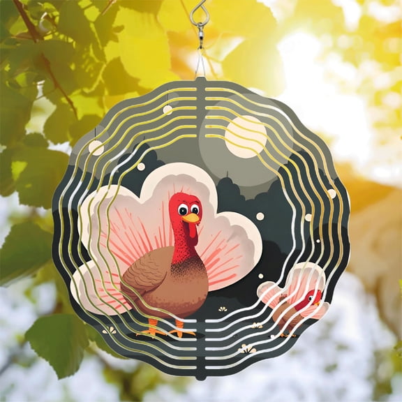 Vibrant Metal Hanging Wind Spinner with Turkey Design - Circular Layered Pattern Full Moon & Cityscape for Yard & Garden Decor