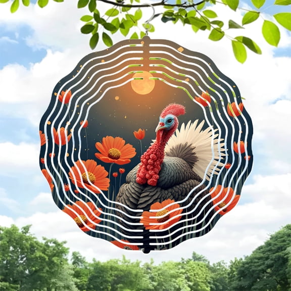 Vibrant Metal Hanging Wind Spinner with Turkey & Orange Flower Design Full Moon Background Perfect for Yard & Garden Decor