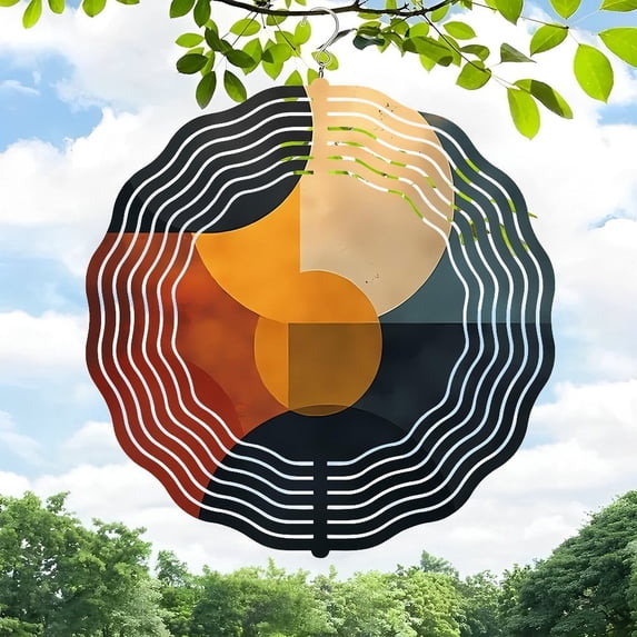 Vibrant Metal Hanging Wind Spinner with Wavy Sound Wave Design - Colorful Orange Black Blue & Brown for Yard & Garden Decor