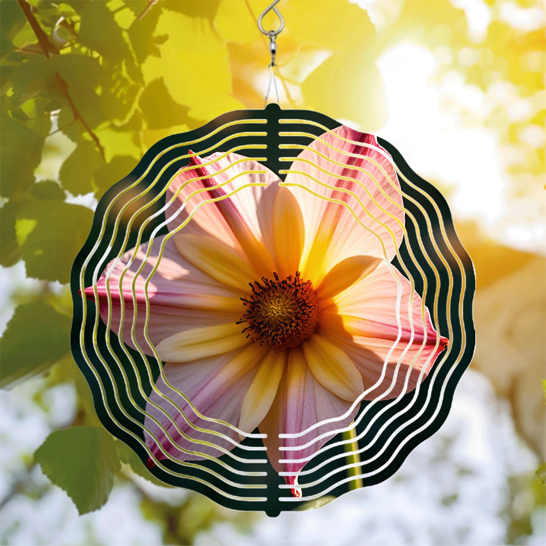 Vibrant Metal Hanging Wind Spinner with Yellow & Pink Flower Design ...