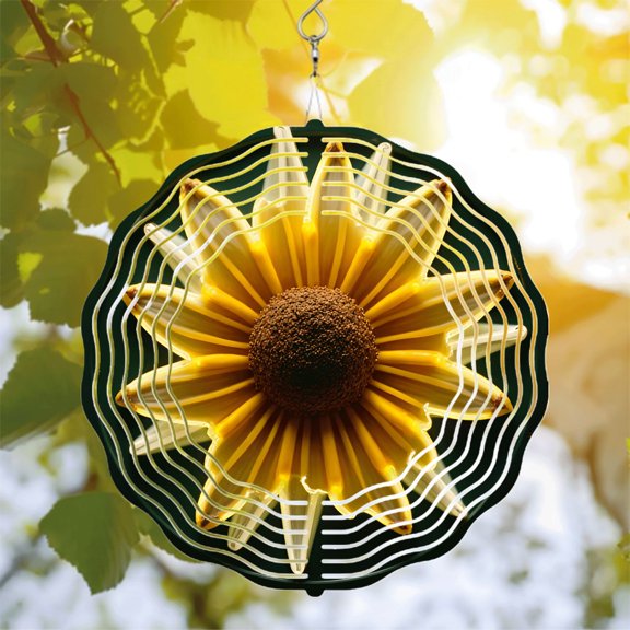Vibrant Metal Hanging Wind Spinners - Abstract Sunflower Design with Symmetrical Petals & Wavy Background for Yard & Garden Decor