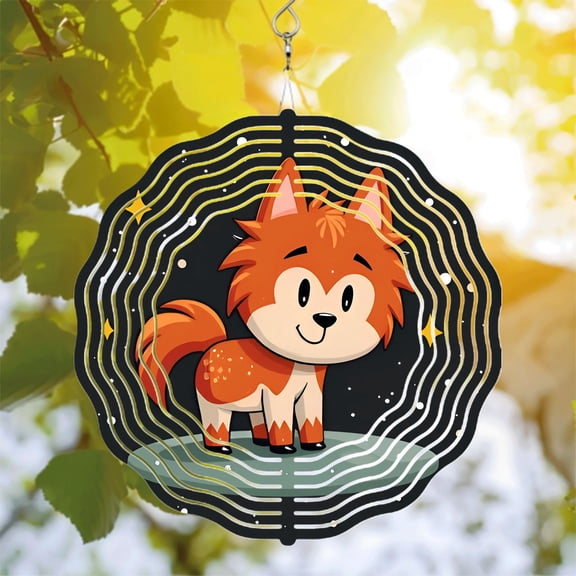 Vibrant Metal Hanging Wind Spinners - Cheerful Fox Design with Sound Wave Patterns & Stars for Yard and Garden Decor