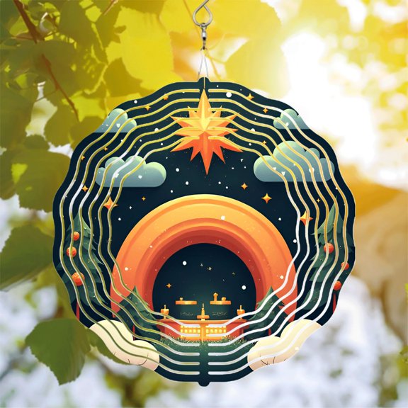 Vibrant Metal Hanging Wind Spinners & Chimes - Celestial Design with Orange Arch Concentric Lines & Starry Night Theme for Garden Decor