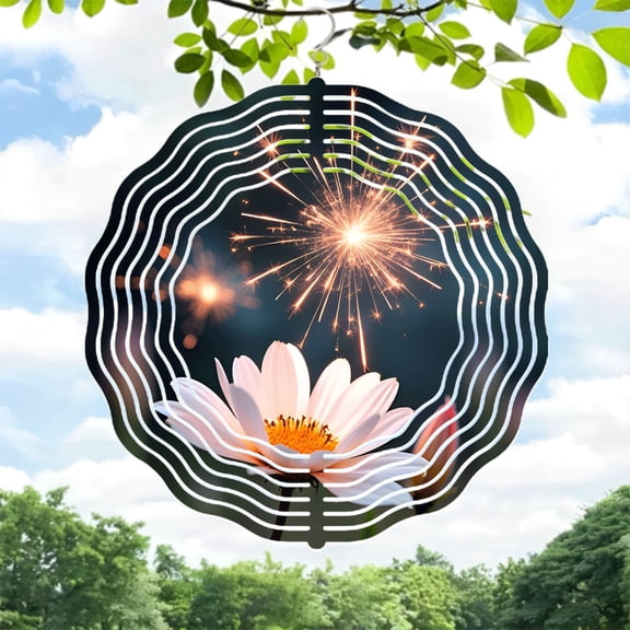 Vibrant Metal Hanging Wind Spinners & Chimes - Circular Pattern Design with Cheerful Flower & Festive Fireworks for Yard & Garden Decor