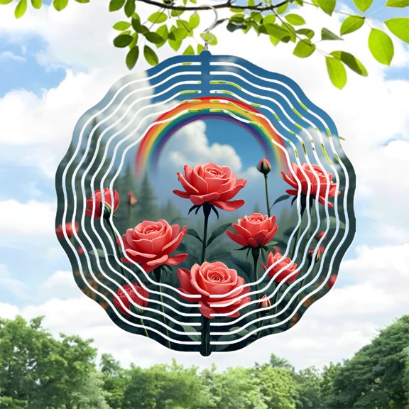 Vibrant Metal Hanging Wind Spinners & Chimes - Circular Rose Pattern Design for Tranquil Yard & Garden Decor with Rainbow