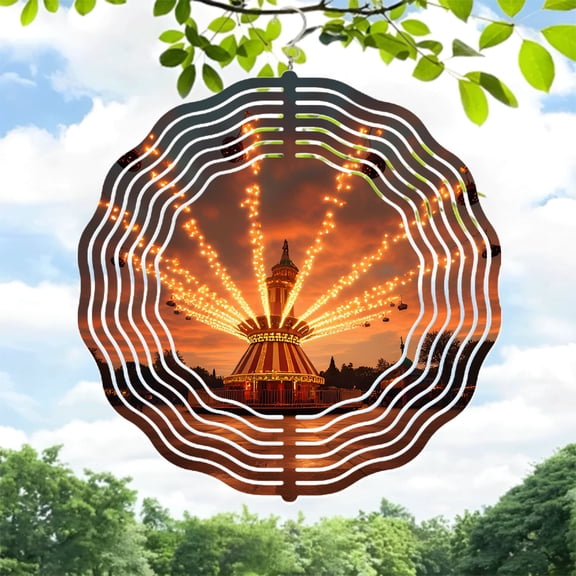 Vibrant Metal Hanging Wind Spinners & Chimes - Circular Sound Wave Design for Yard & Garden Decor Illuminated Carousel Effect