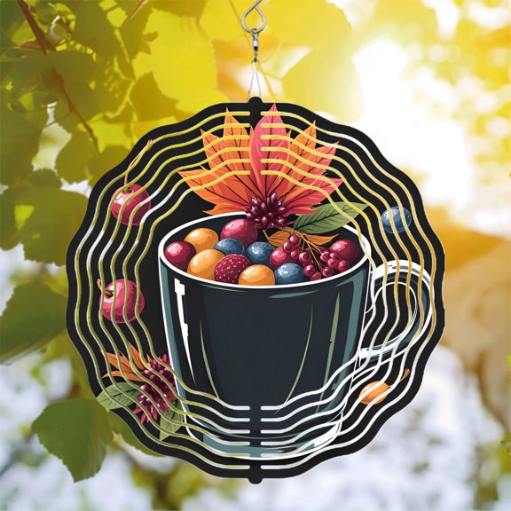 Vibrant Metal Hanging Wind Spinners & Chimes - Colorful Floral & Fruit Design for Yard & Garden Decor Dynamic Wave Patterns
