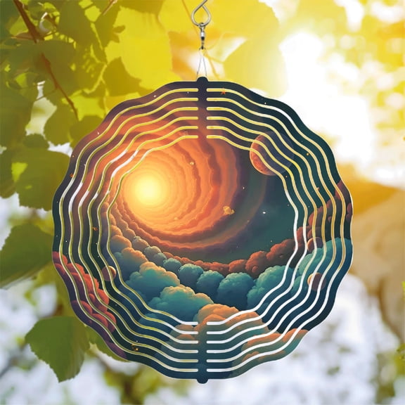 Vibrant Metal Hanging Wind Spinners & Chimes - Cosmic Design with Swirling Waves Stars & Planets for Yard & Garden Decor