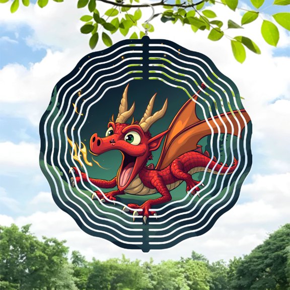 Vibrant Metal Hanging Wind Spinners & Chimes - Dynamic Circular Wave Design for Yard & Garden Decor Playful Dragon Motif