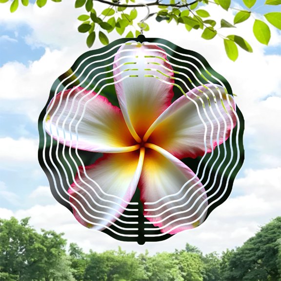 Vibrant Metal Hanging Wind Spinners & Chimes - Floral Design with Pink Yellow & White Petals Surrounded by Dynamic Sound Wave Pattern