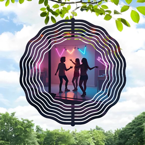 Vibrant Metal Hanging Wind Spinners & Chimes - Futuristic Circular Patterns for Yard & Garden Decor Colorful Neon Inspired Design