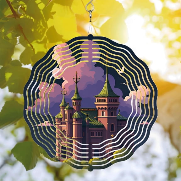 Vibrant Metal Hanging Wind Spinners & Chimes - Stylish Concentric Ring Design for Garden & Yard Decor Featuring Castle & Sky Motif