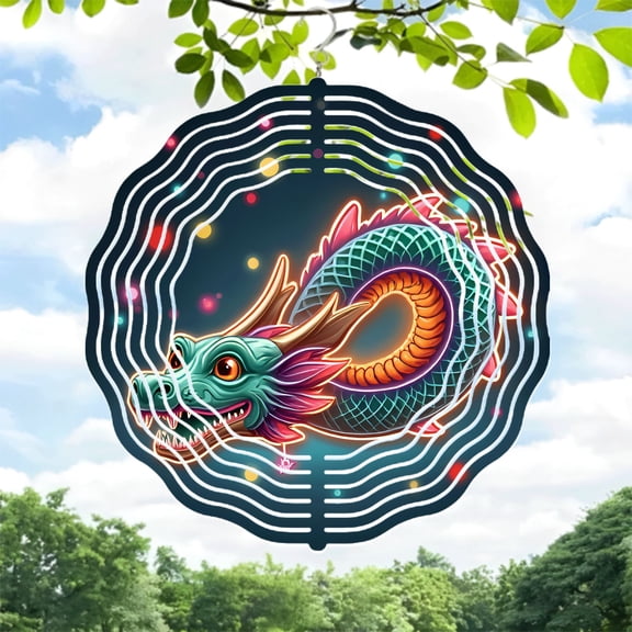 Vibrant Metal Hanging Wind Spinners & Chimes - Turquoise Dragon Design with Neon Lights Perfect for Yard & Garden Decor