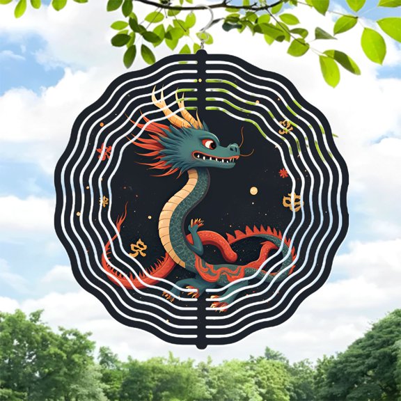 Vibrant Metal Hanging Wind Spinners & Chimes - Whimsical Dragon Design with Concentric Patterns for Yard & Garden Decor