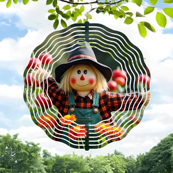Vibrant Metal Hanging Wind Spinners & Chimes for Garden - Cheerful Scarecrow Design with Colorful Floral Patterns Perfect for Outdoor Decor